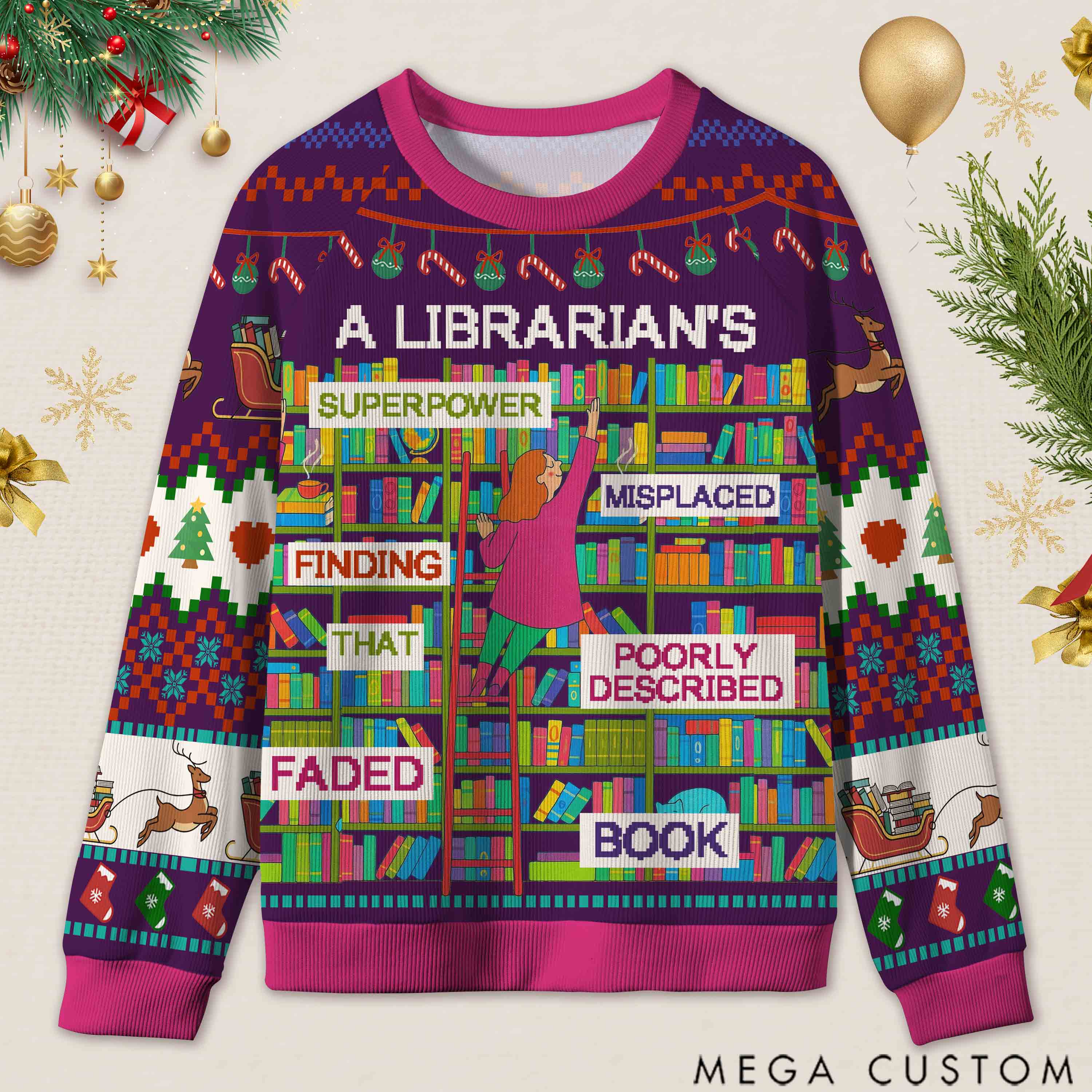 Personalized Librarian Superpowers Funny Ugly Sweater Office Holiday Party Gift for librarian