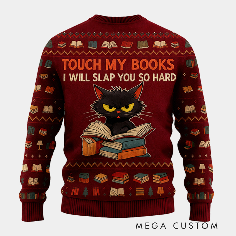 Personalized Fierce Cat Reader Ugly Christmas Sweater Gift for Librarians Book Enthusiasts