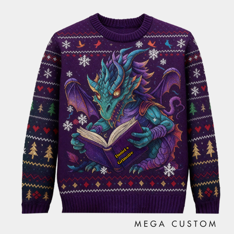 Personalized Magic Dragon Ugly Christmas Sweater Gift for Librarians and Reading Enthusiasts