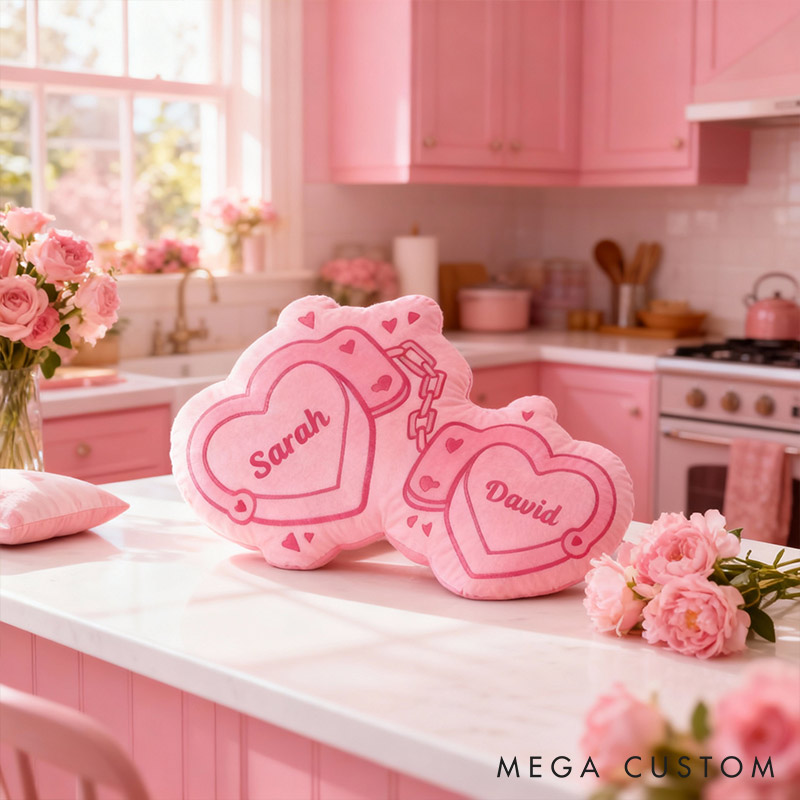 Personalized Couple Pink Heart Handcuff with Names Couple Home Pillow Romantic Valentine's Day Gift for Girlfriend for Wife Husband 