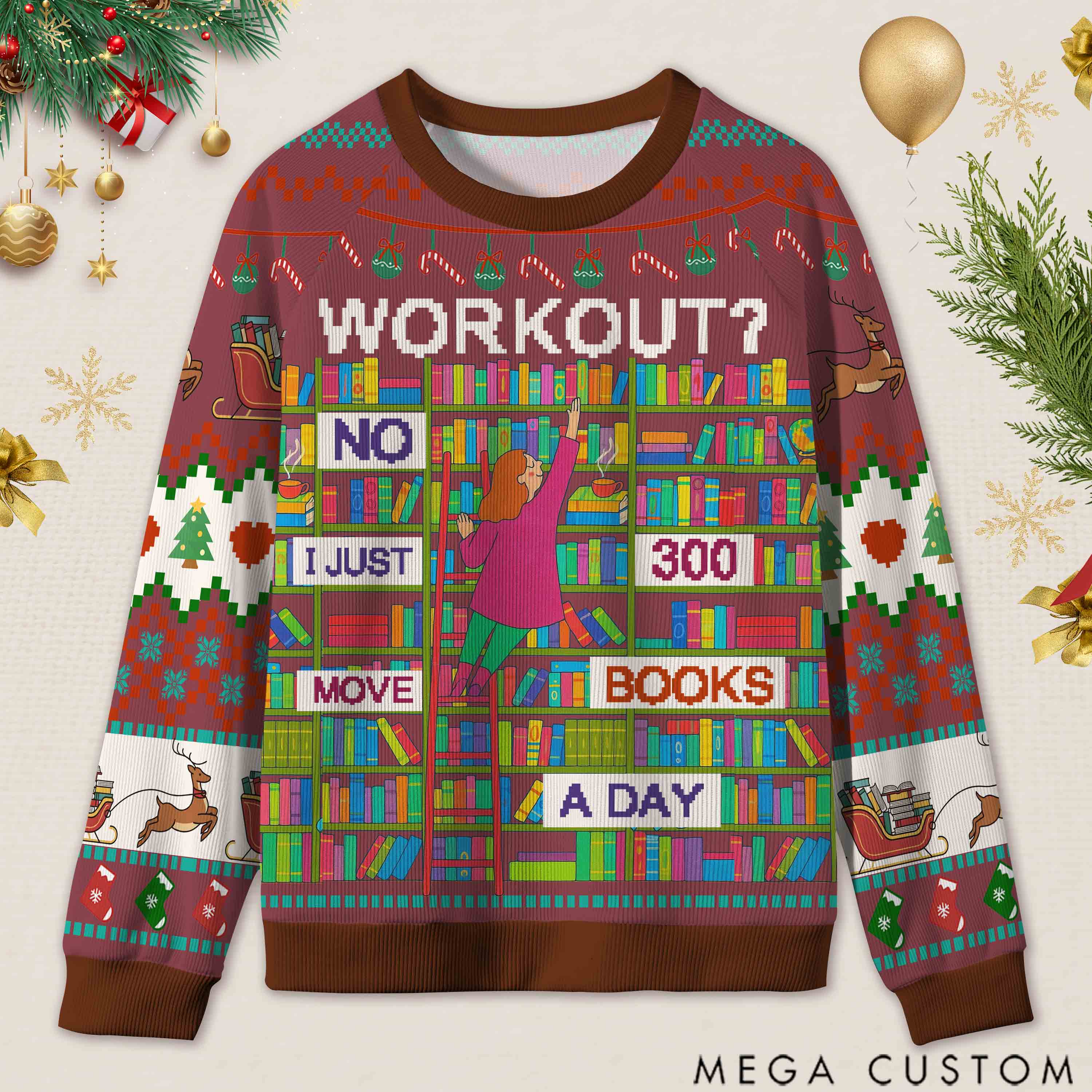 Personalized Book Lifting Workout Humor Ugly Sweater Office Holiday Party Gift for Book Lovers