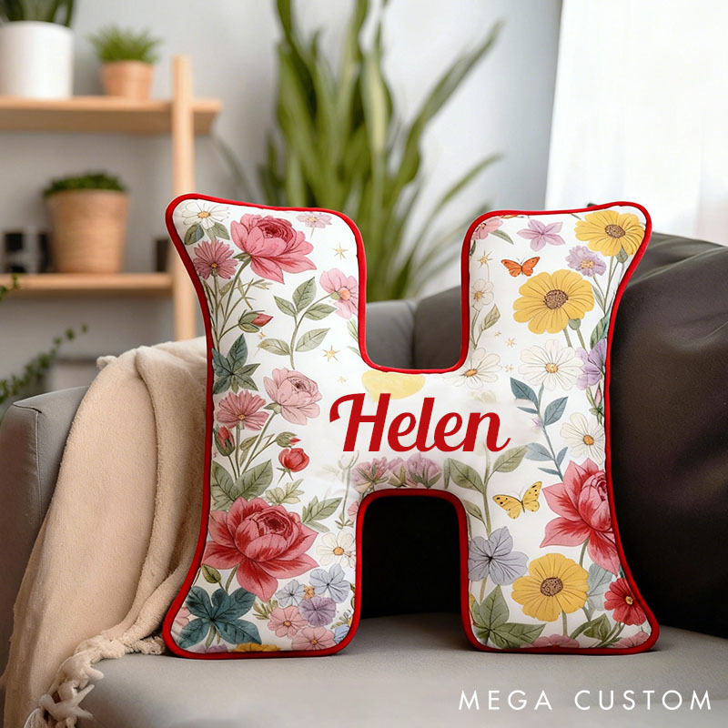 Personalized Floral Letter Pillow Custom Sunflower Rose Daisy Graphic Initial Throw Pillow Christmas Holiday Decor Pillow for Her