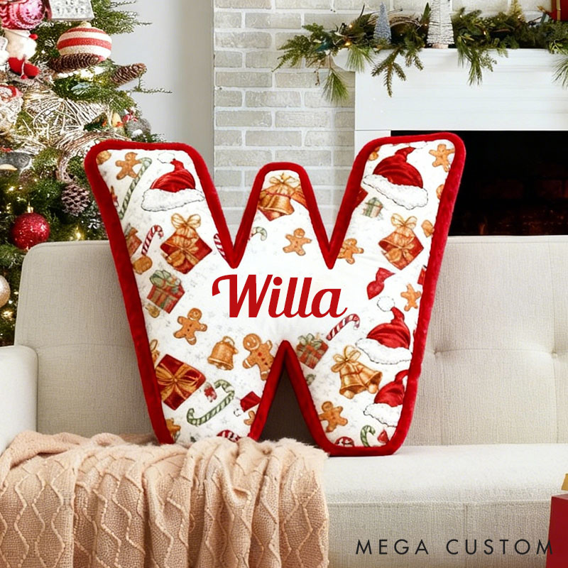 Personalized Christmas Letter Pillow Gingerbread Man Bell Christmas Gift Pattern Pillow Custom Holiday Vibes Throw Pillow Christmas Gift Pillow