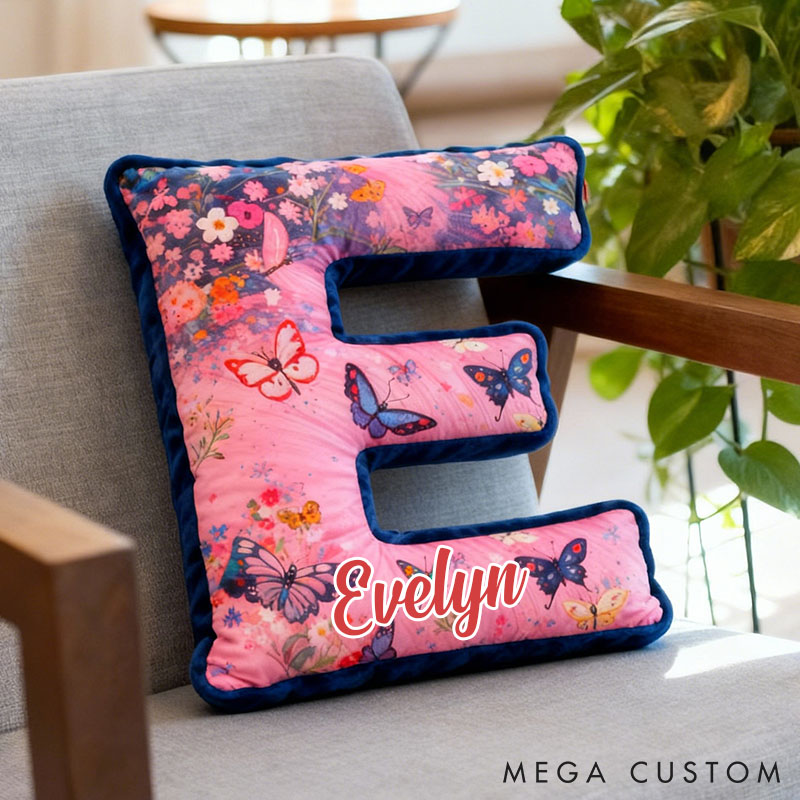 Personalized Butterfly and Floral Letter Pillow Custom Elegant Flowers Pattern Throw Pillow Christmas Butterflies Decor Pillow for Her Him
