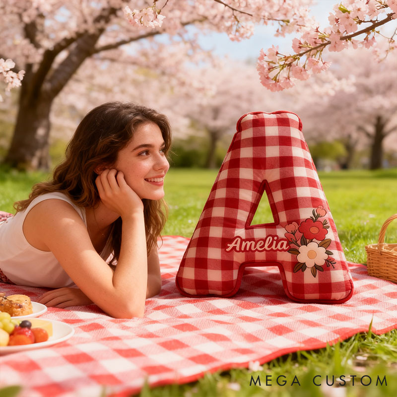 Personalized Red Checkerboard Flower Letter Pillow Initial Flower Throw Pillow Custom Holiday Home Decor Letter Pillow for Flower Girl for Girl friend