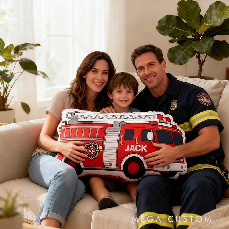 Personalized Fire Truck Pillow Custom Name Shaped Plush Cushion Gift for Firefighters