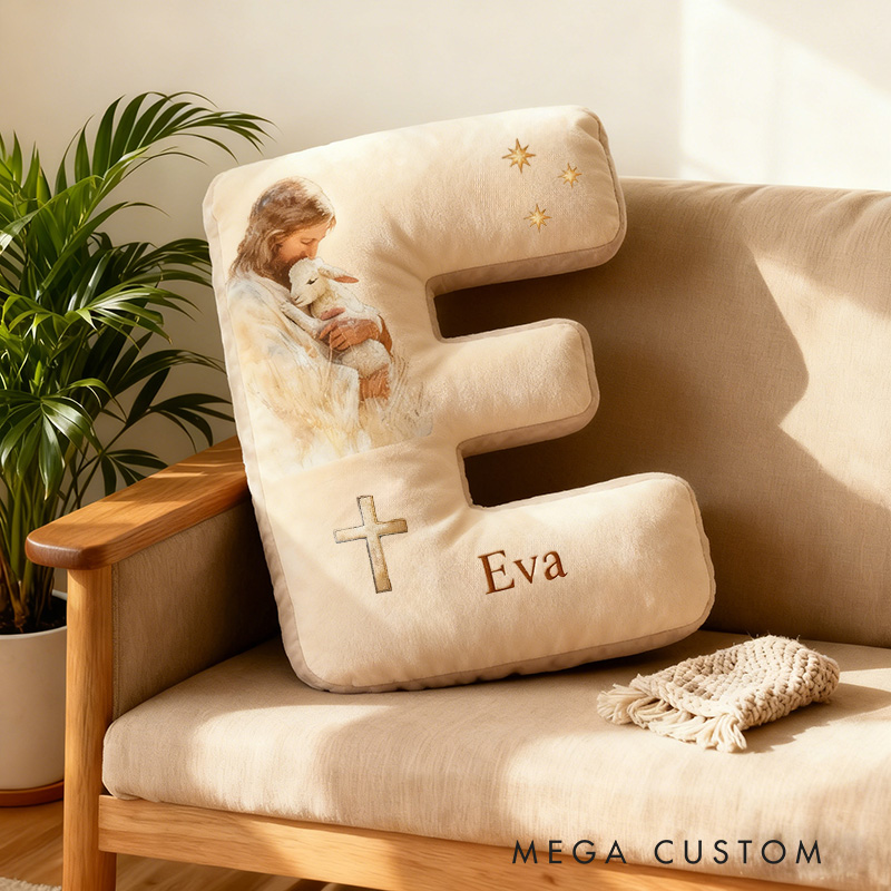 Personalized Jesus Lamb Letter Pillow with Custom Name Religious Home Decor Christian Gift Faith Prayer Gift Graphic 3D Print Pillow 