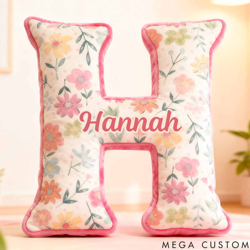 Personalized Flower Girl Pink Floral Graphic 3D Printed 26 Letters Pillow Custom Girl friend Initials Cushion Valentines Day Christmas Gift for Her