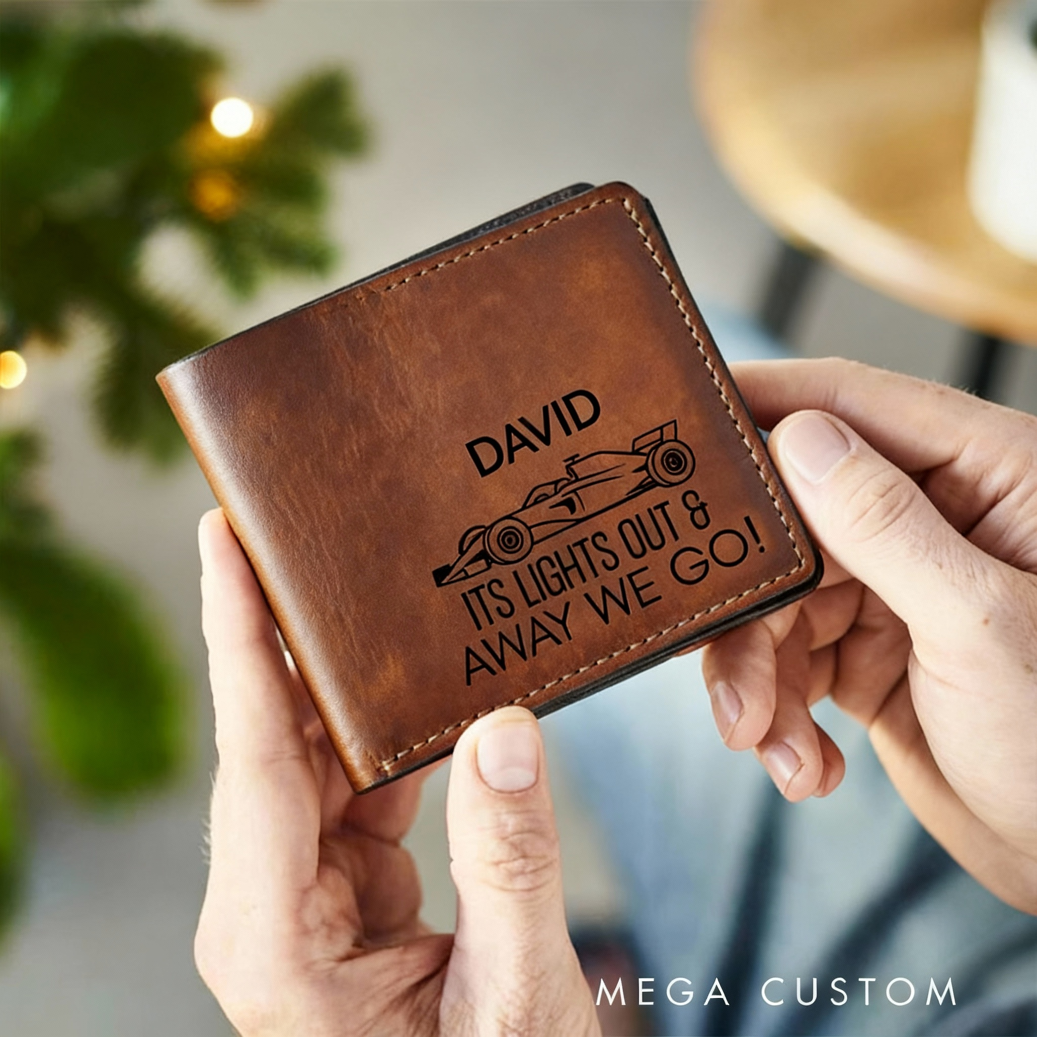 Personalized Leather Wallet with Race Car Engraving Handmade Crazy Horse Leather Gift for Formula and Racing Motorsport Fans