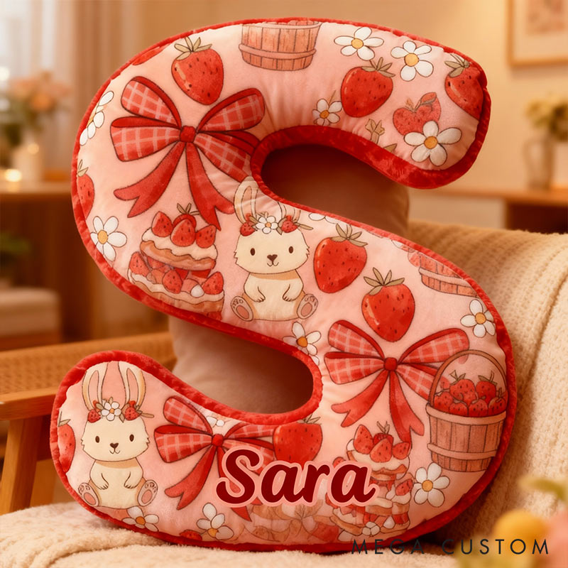 Personalized Strawberry Rabbit Letter Pillow Initial Rabbit Throw Pillow Custom Holiday Home Decor Letter Pillow for Flower Girl for Girl friend