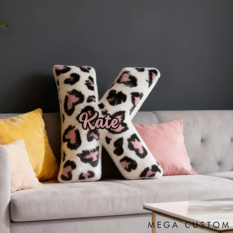 Personalized Pink Heart Leopard Letter Pillow with Name Initial Throw Pillow Custom Holiday Home Decor Letter Pillow for Girl friend