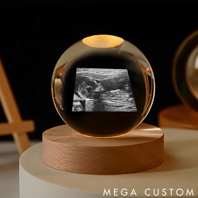 Personalized Crystal Ball Night Light, Custom 2D Photo Ultrasound Picture Frames, Luminous Wooden Base