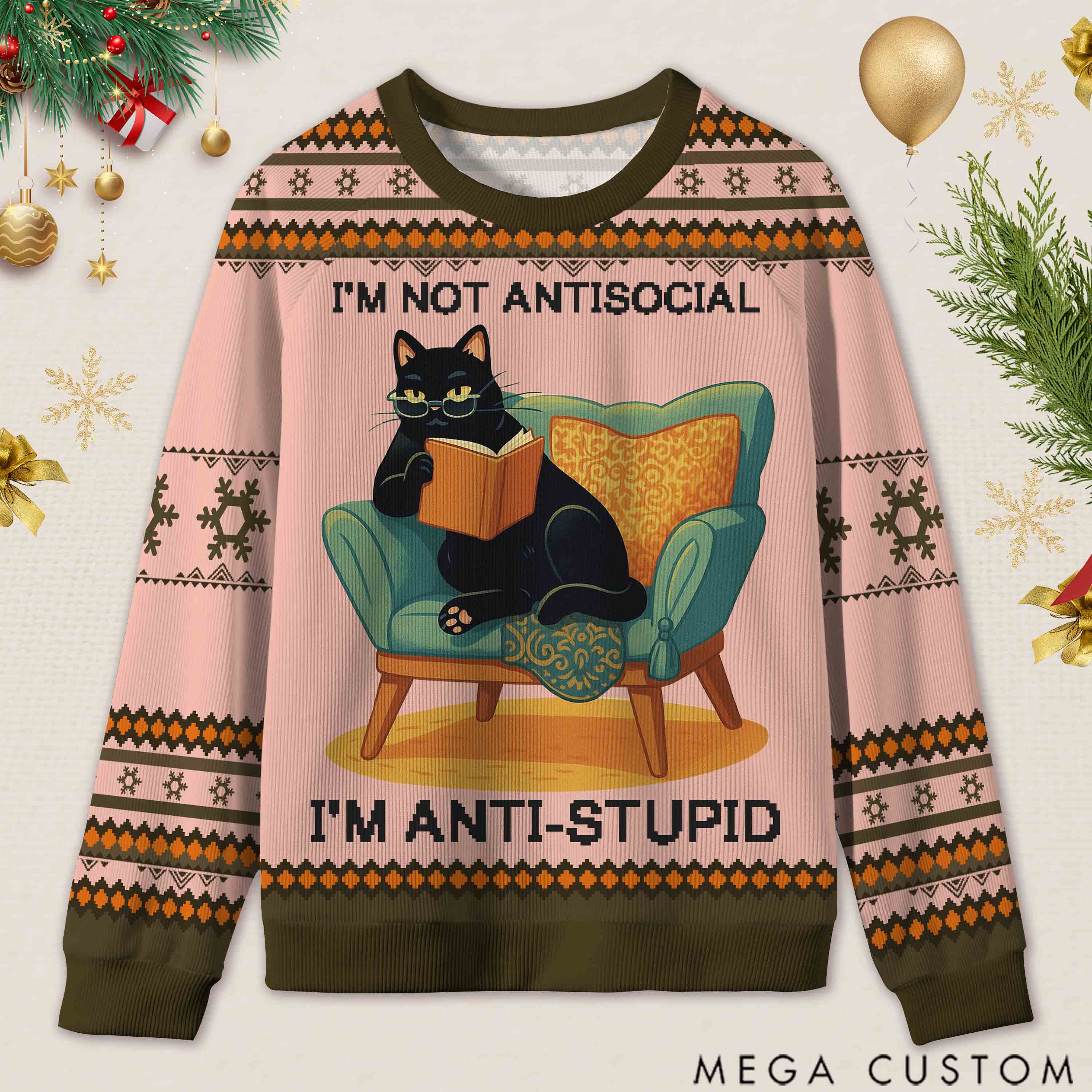 Personalized Wise Bookish Cat Reading Ugly Sweater Holiday Gift for Book Lovers
