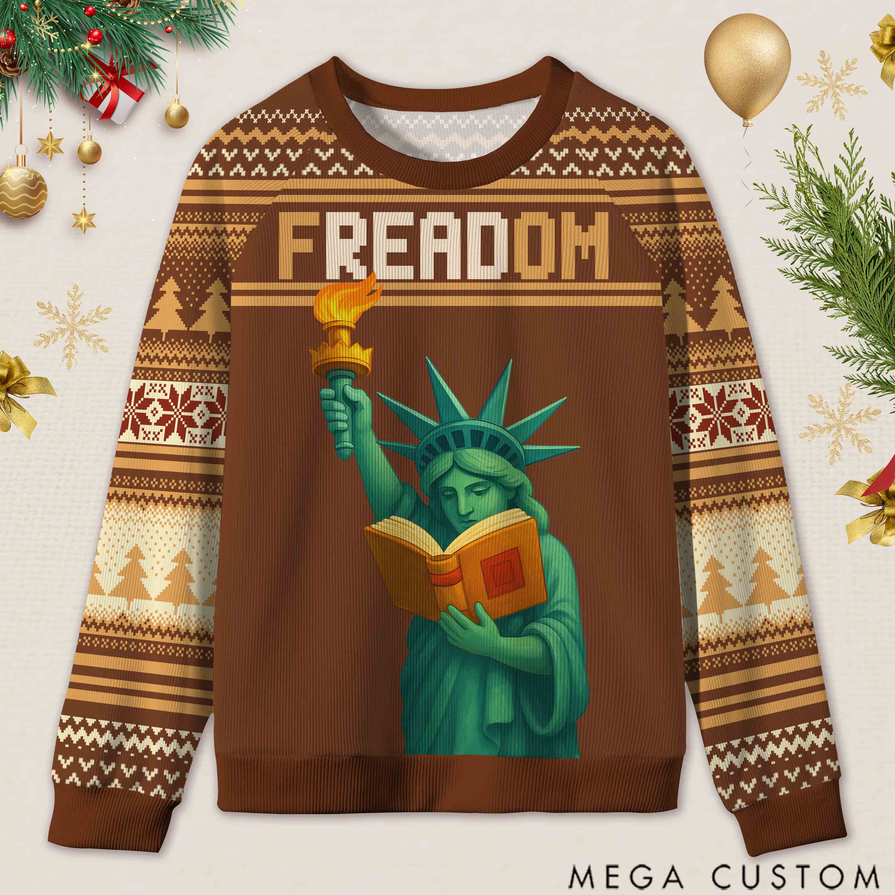 Personalized Reading Freedom Statue Fun Ugly Sweater Holiday Gift for Book Lovers