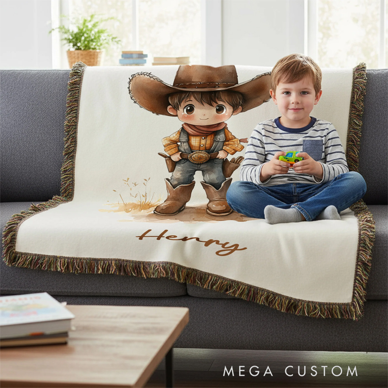 Personalized Cartoon Cowboy Cowgirl Tassel Soft Throw Blanket with Name Home Decor Birthday Gift for Kids Cowboy Lovers