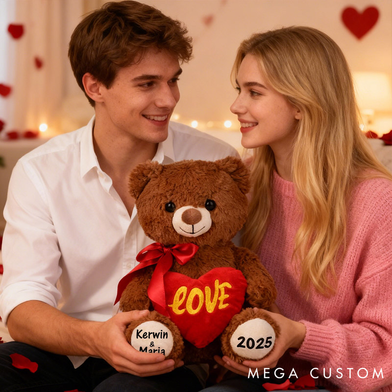 Personalized Couple I Love You Red Heart Bow Stuffed Bear with Name Stuffed Plush Bear Toy with Custom Text Valentines Day Anniversary Gift for Couple