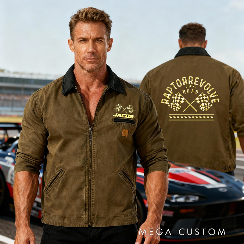 Personalized Racing Classic Work Jacket with Checkered Flag Custom Name Jacket for Racers and Racing Lovers