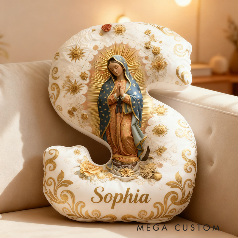 Personalized Our Lady Guadalupe Virgin Mary Floral Letter Pillow with Custom Name Religious Home Decor Catholic Gift for Women Graphic 3D Print Pillow