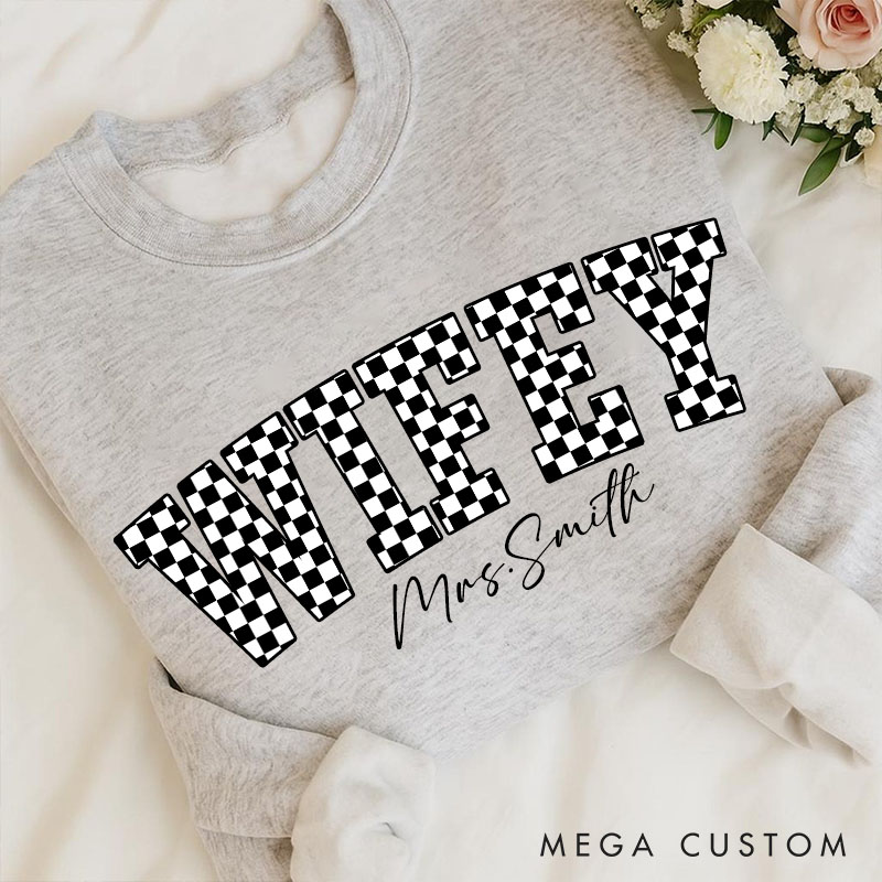 Personalized Checkered Wifey Sweatshirt with Name Custom Black and White Plaid Wifey Sweatshirt for Wife Couple Valentines Gift for Her