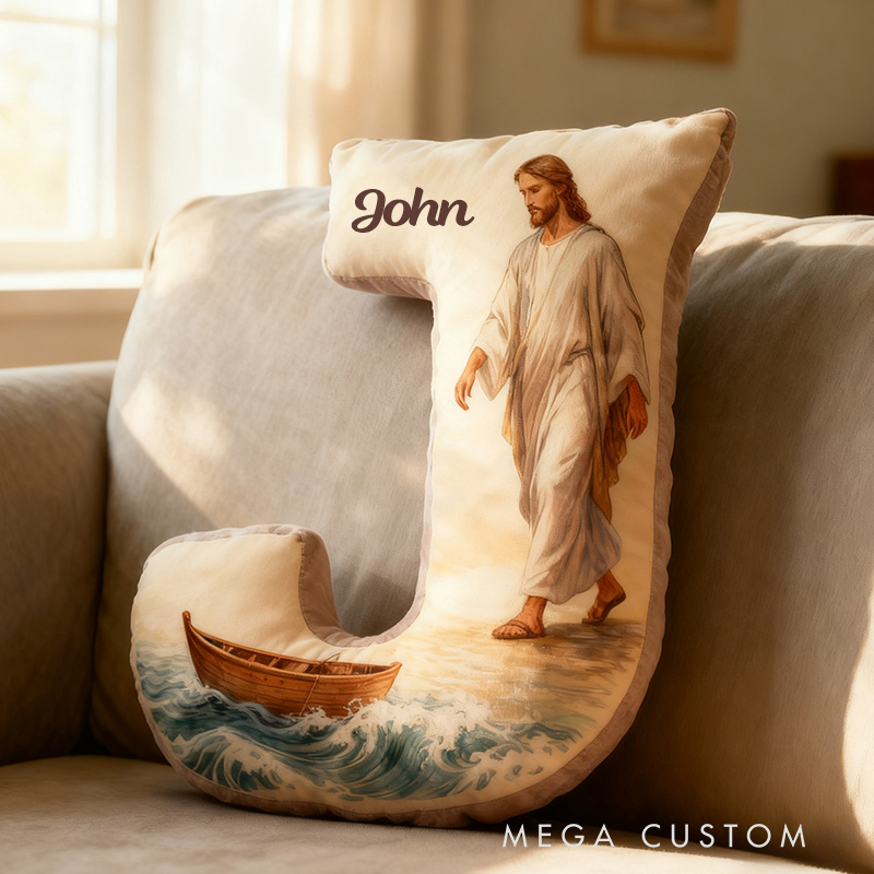 Personalized Jesus Walks on Water Letter Pillow with Custom Name Religious Home Decor Christian Gift Faith Prayer Gift Graphic 3D Print Pillow 