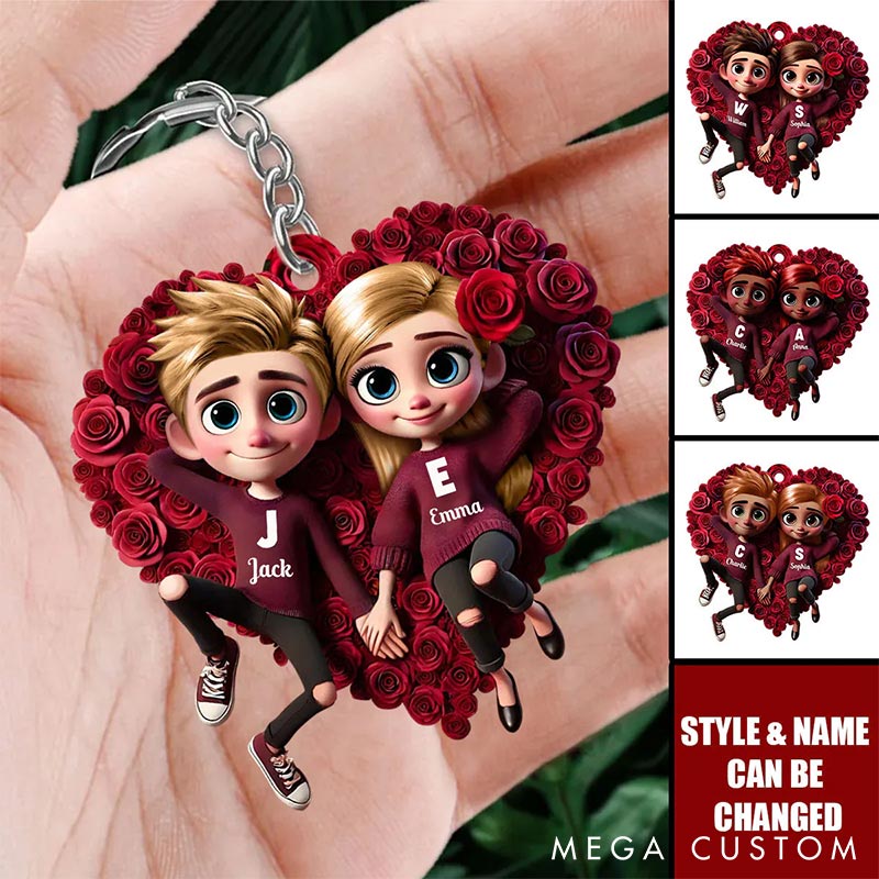 Personalized Couple Rose Heart Keychain Custom Features Initial Names Keychain Romantic Gift for Valentine's Day Gift for Couple For Him Her