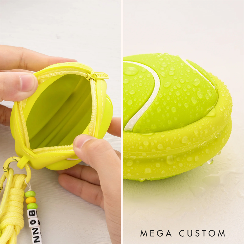 Personalized name keychain with beads, tennis ball charms, racket and ball charms, waterproof silicone storage pouch for headphones, gift for tennis lovers