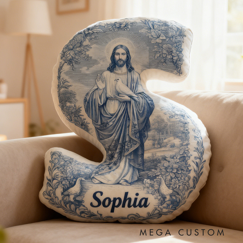 Personalized Jesus Floral Letter Pillow with Custom Name Religious Home Decor Christian Gift Faith Prayer Gift Graphic 3D Print Pillow 