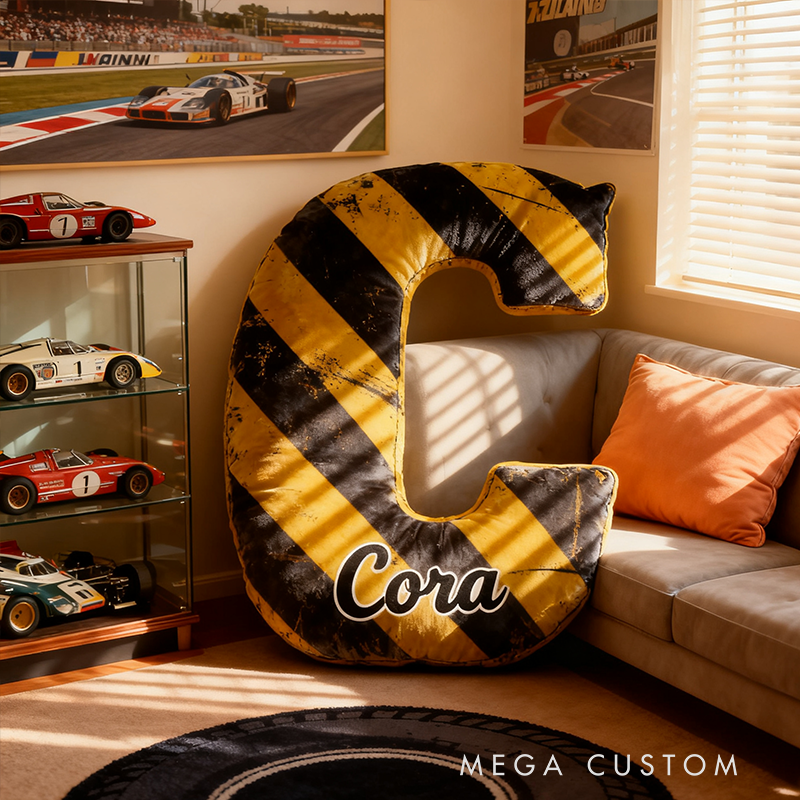 Personalized Racing Warning Stripe Letter Pillow Custom Name Initial Cushion Gift for Racing Lovers Home Decor