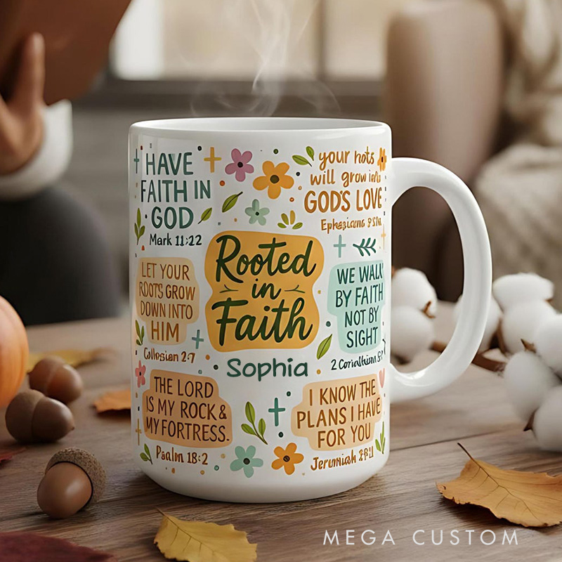 Personalized Rooted in Faith Bible Verse Ceramic Mug with Name Jesus Encouragement Coffee Mug Religious Christian Gift
