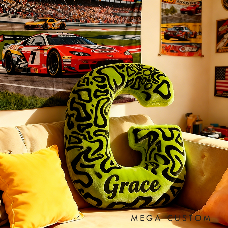 Personalized Racing Pattern Letter Pillow Custom Name Initial Gift for Racers and Racing Enthusiasts