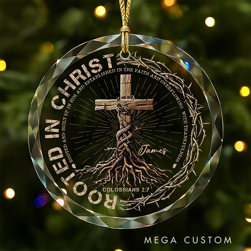 Personalized Rooted in Christ Round Shaped Glass Ornament with Custom Name Regilious Christmas Tree Decor Christian Gift