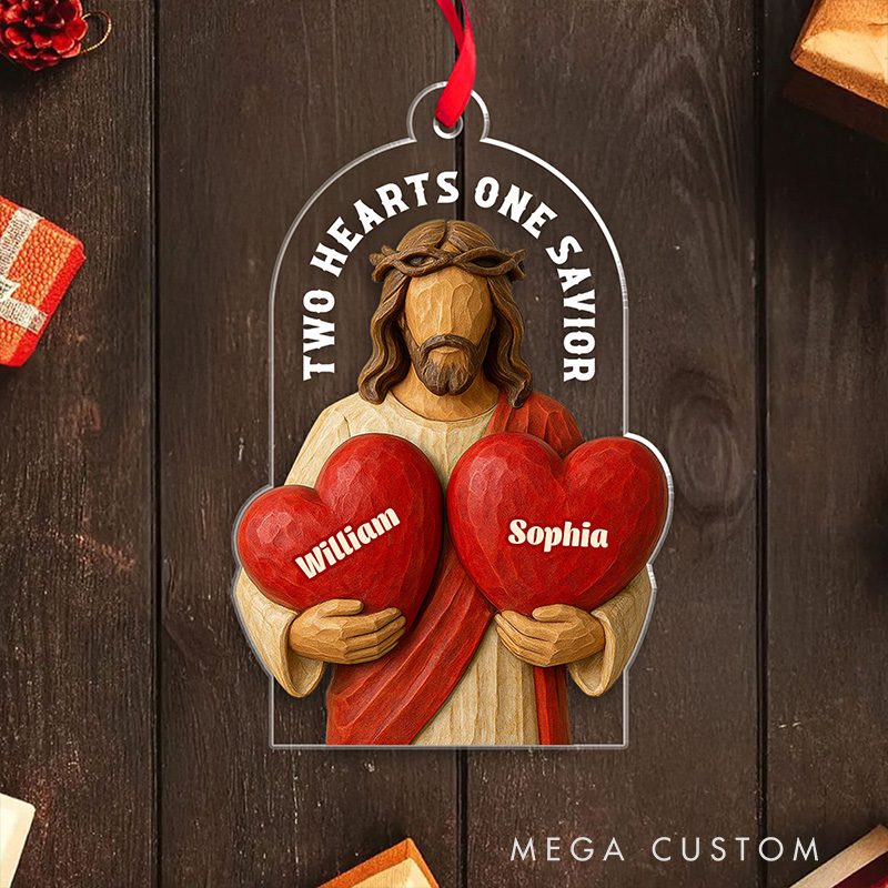 Personalized Two Hearts One Savior Acrylic Christmas Ornament with Custom Name Religious Gift Christmas Tree Decor Christian Gift for Couple