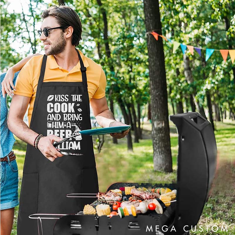 Personalized Couple Kiss The Cook And Bring Him A Beer Grill Apron Funny Apron Gift for Boyfriend Gift for Husband Valentine’s Day Gift for Him