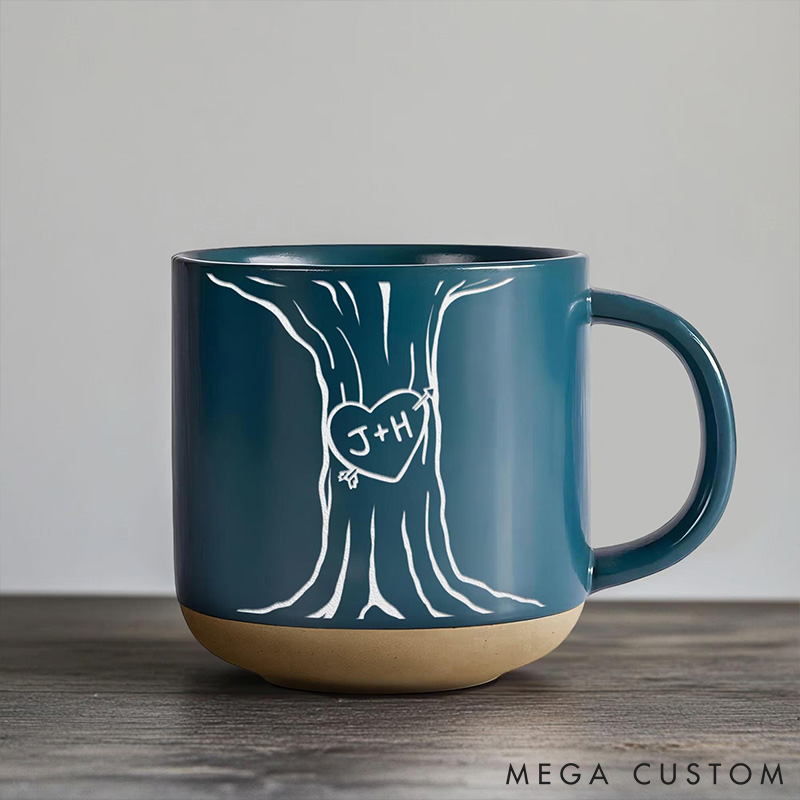 Personalized Carved Initials In A Heart Tree Couple Mug Engraved Couple Pottery Mug Valentine's Day Gift for Couple Him Her Mug for Husband  Wife