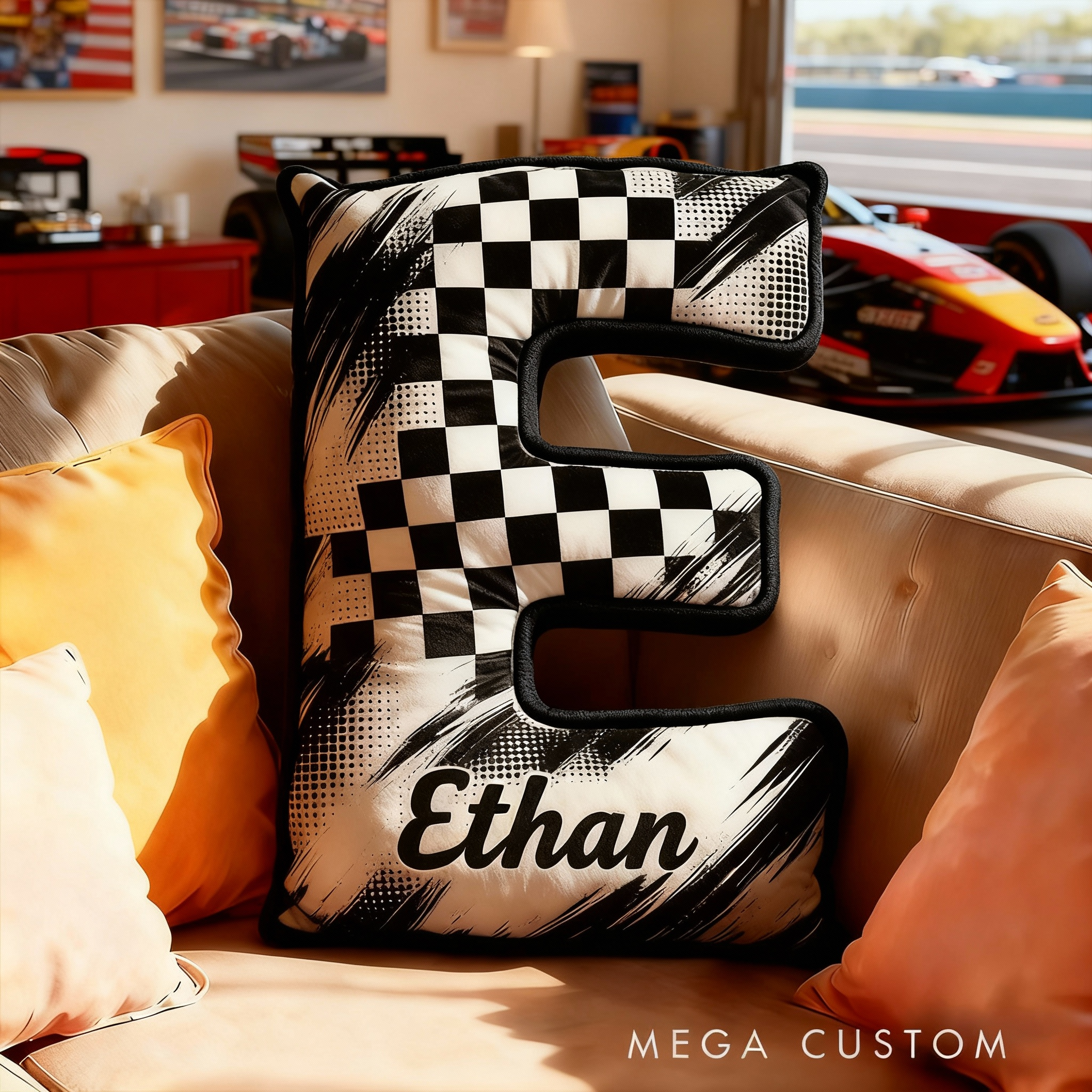Personalized Racing Checkered Flag Letter Pillow Custom Name Initial Cushion Gift for Racing Lovers and Racers