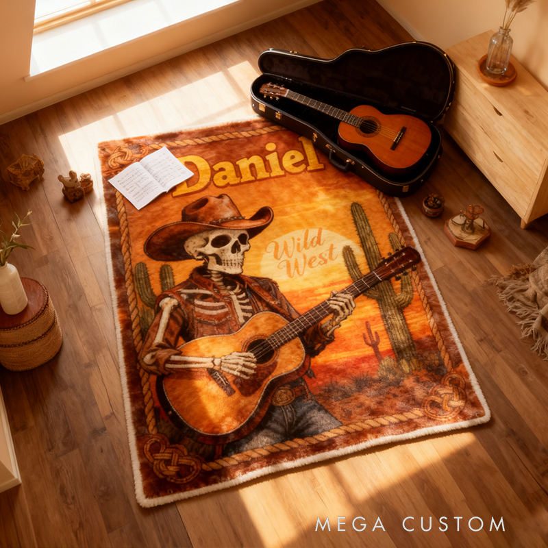 Personalized Wild West Skull Guitar Blanket Flannel Blanket Music Blanket with Name for Him for Husband Boyfriend Son Friends Familys