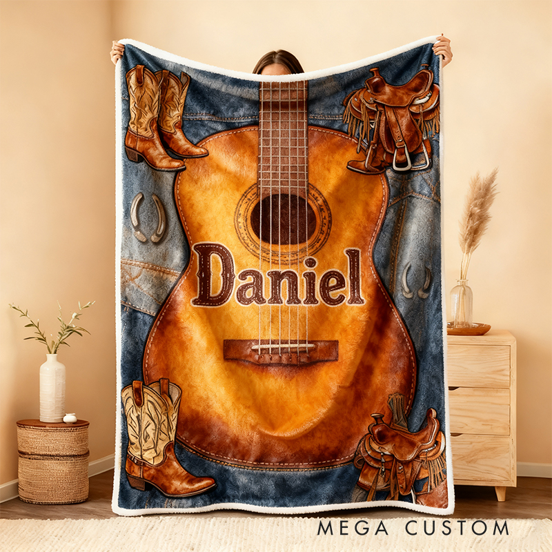 Personalized West Cowboy Guitar Blanket Flannel Blanket Music Blanket with Name for Him for Husband Boyfriend Son Friends Familys