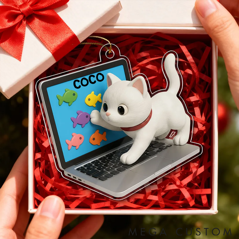 Personalized Cat Lover Mischievous Kitten on Laptop Ornament