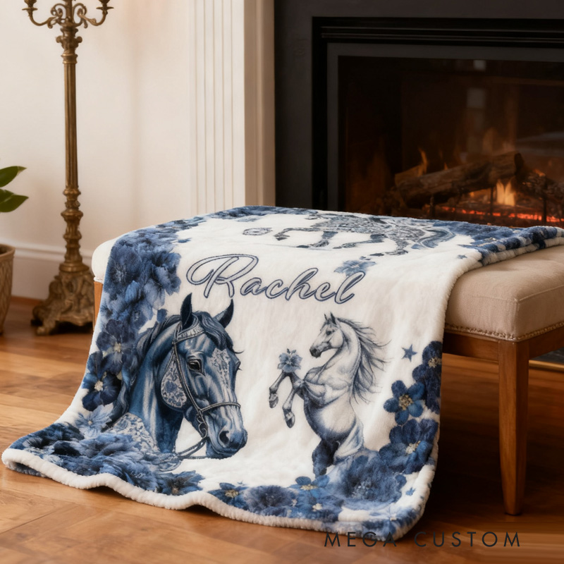 Personalized Riding Blanket Equestrian Horse Custom Name Blue And White Porcelain Decor with French Countryside Gifts Family Blanket for Riding Lovers Equestrian Lovers
