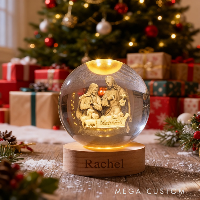 Personalized Nativity Scene 3D Spherical Crystal Lamp With Custom Text Religious Gift Christmas Gift Faith Gift