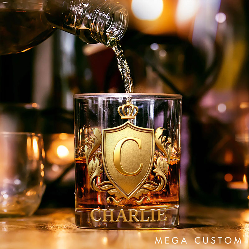 Personalized Rock Old Fashioned Whiskey Glass for Husband Boyfriend Golden 3D Graphic Badge Initial Named Whiskey Glass Birthday Gift for Man