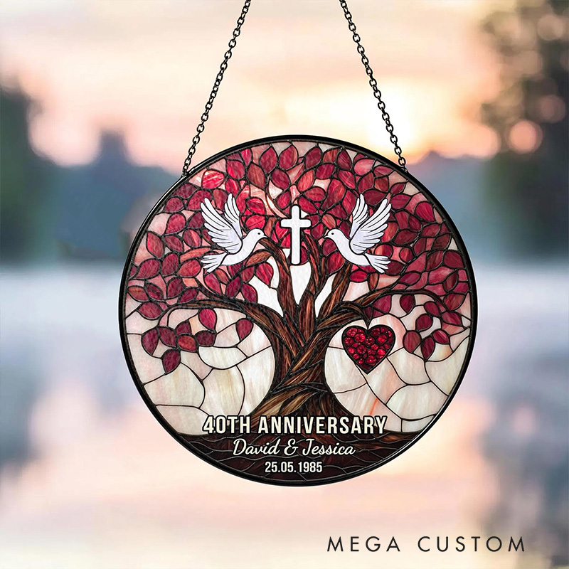 Personalized Dove Cross Christian Wedding Anniversary Stained Glass Suncatcher Ornament with Custom Name Window Hanging Decor Religious Gift for Couple Wedding Gift