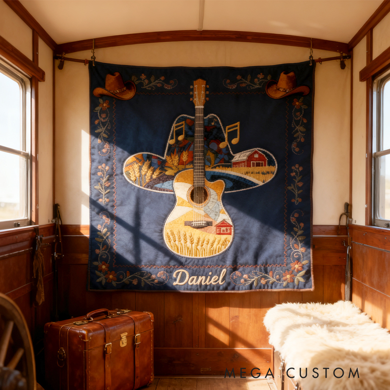 Personalized West Cowboy Guitar Blanket Flannel Blanket Country Music Blanket with Name for Him Her for Husband Wife Boyfriend Girlfriend Friends Familys