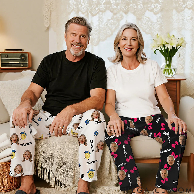 Personalized Valentine's Day Couple Faces Photo Matching Pajama Pants Custom Man Woman Photo Portrait Soft Pjs Bottoms Anniversary Gift for Him Her