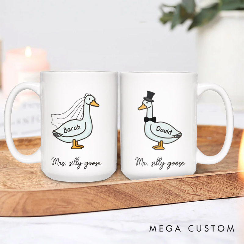 Personalized Couple Mr Mrs Silly Goose Mug Custom Name Funny Goose Mug for Couple Unique Valentine's Gift for Husband Wife Funny His and Hers Mugs