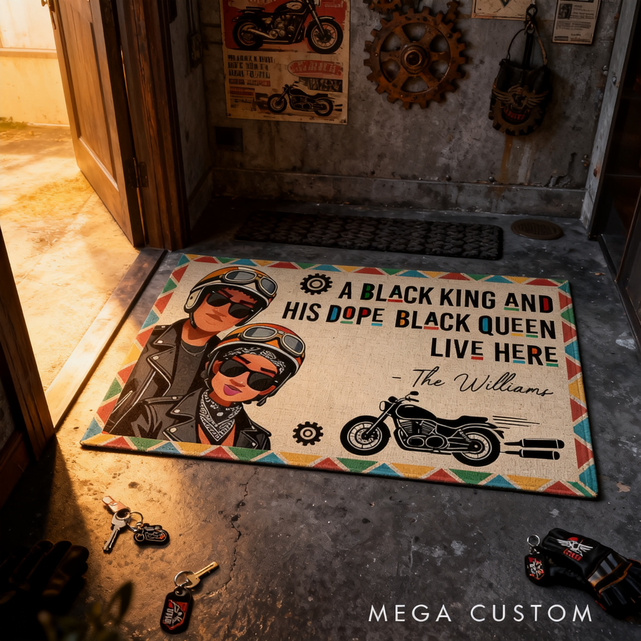 Personalized Biker Couple Doormat Custom Family Name Motorcycle Lovers Welcome Mat Home Decor