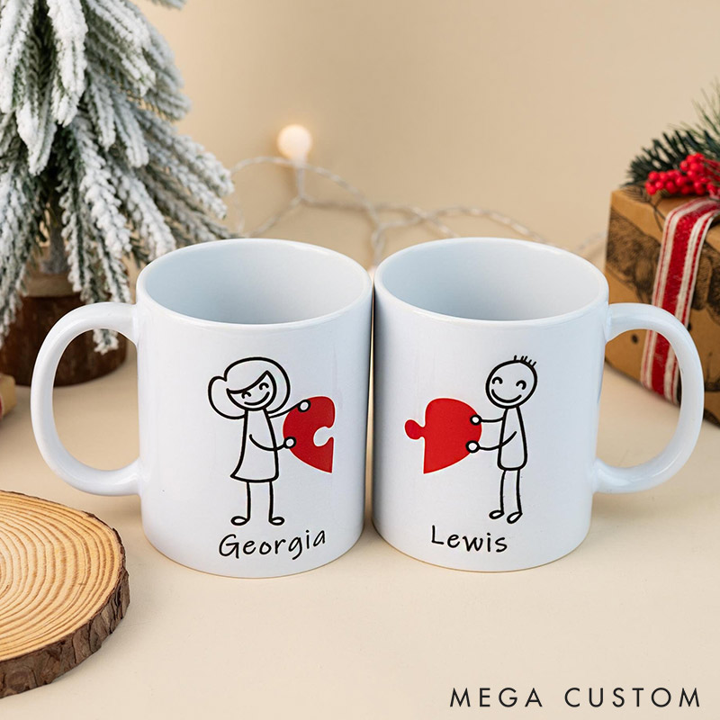 Personalized Couple Heart Pazzle Mugs Couple Coffee Mug Custom Name Valentine's Gift for Girlfriend Boyfriend Gift for Husband Wife 
