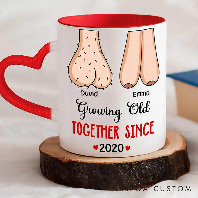 Personalized Heart Handle Mug for Couple Custom Growing Old Together Funny Mug Valentine's Gift Coffee Mug for Husband Wife