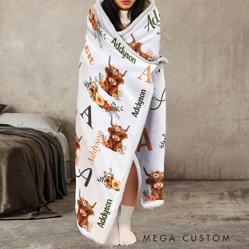 Personalized Flower Cow Blanket Hoodie Custom Wearable Blanket Hoodie with Name for Gardening Lovers Birthday Gift for Gardener