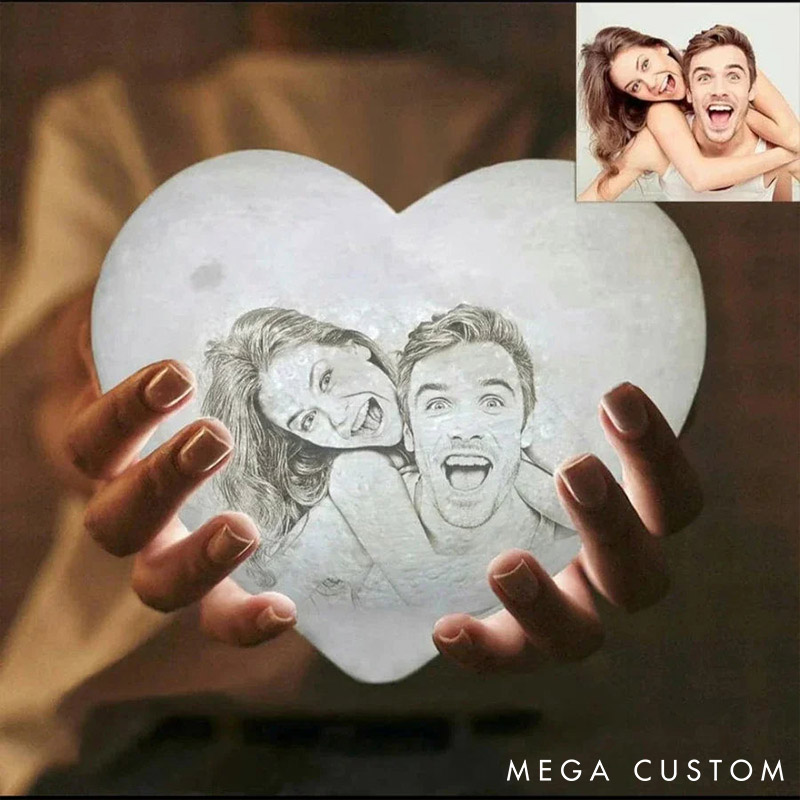 Personalized Couple Photo Heart Moon Night Light Moon Touch Lamp from Your Photo 3D Printed Lunar Led Table Lamp Anniversary Valentines Day Gift